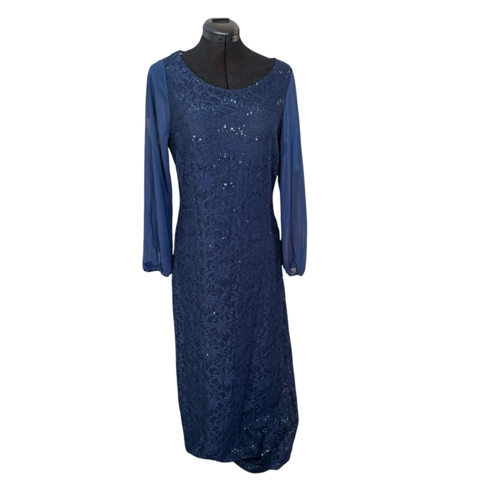 CANDALITE BRAND NAVY FORMAL GOWN W/LACE AND SEQUINS, SHEER SLEEVES, FULLY LINED.